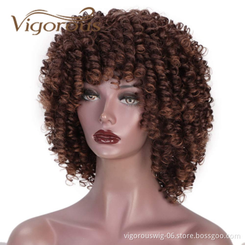 Vigorous Wholesale Short Kinky Curly Fluffy Brown Machine Made Heat Resistant Fiber Cosplay For Black Women Synthetic Hair Wigs